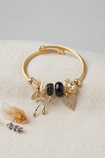evimdeyokyok Bow and Heart Black Charm Bracelet Tj-Bb8743