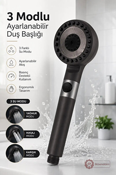 İlkbenaldim 3 Modlu Ayarlanabilir Duş Başlığı Basınç Destekli Siyah El Duşu