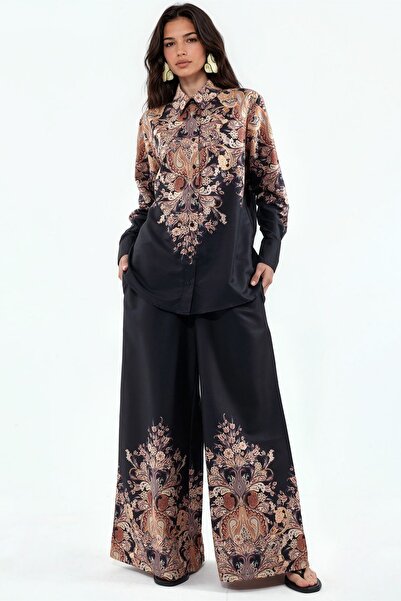 Hiccup Msn Floral Patterned Cotton-Viscose Blouse and Wide-Leg Pants Set