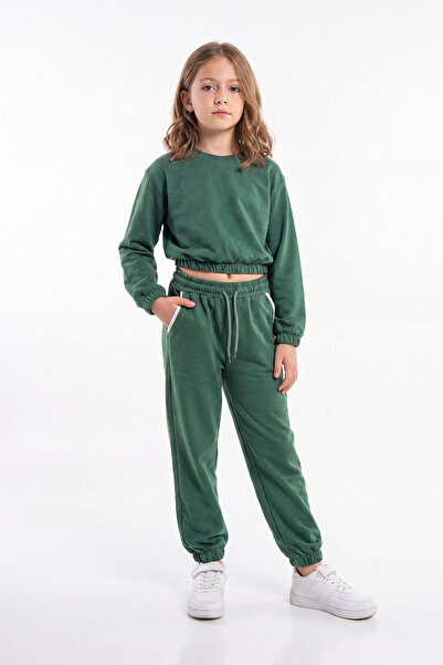 panios kids 2'li Yuvarlak Yakalı Beli Lastikli Crop Kesim 4 Parça Kız Çocuk Alt Üst Eşofman Takımı