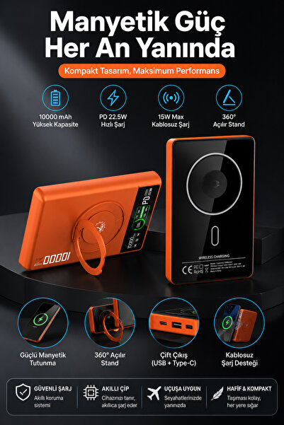Ayers 10000 mAh Taşınabilir Manyetik Powerbank, Telefon ve Akıllı Saat Uyumlu...