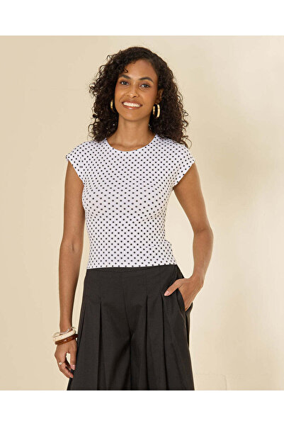 REDTAG Women White Polka Dot Fitted T-Shirt