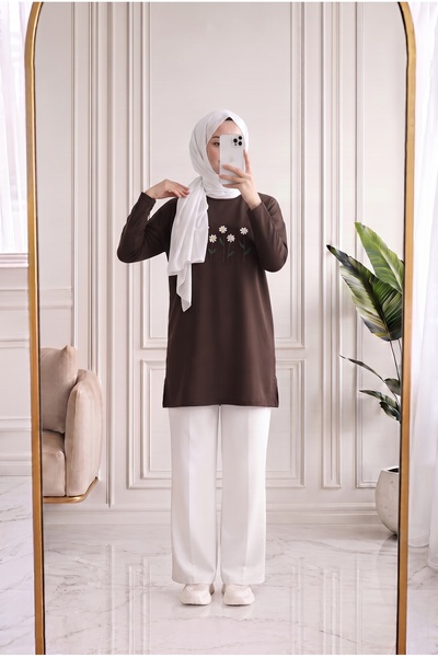 MİHRA STORE Laleay Elegantna bluza sa 5 izvezenih margarita-SS13148 Smeđa