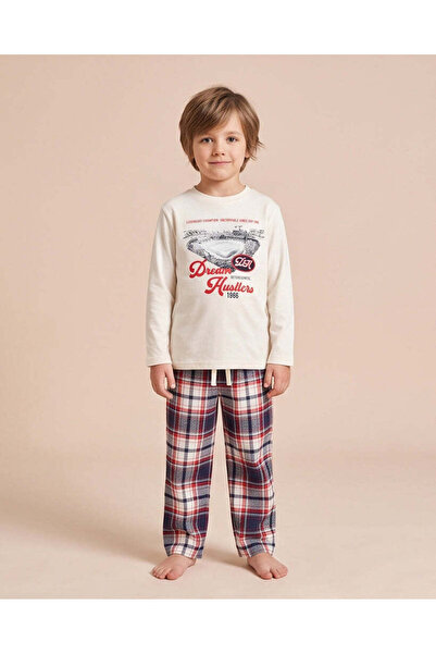 REDTAG Boys White Long Sleeve T-Shirt And Flannel Pyjama Pants Set