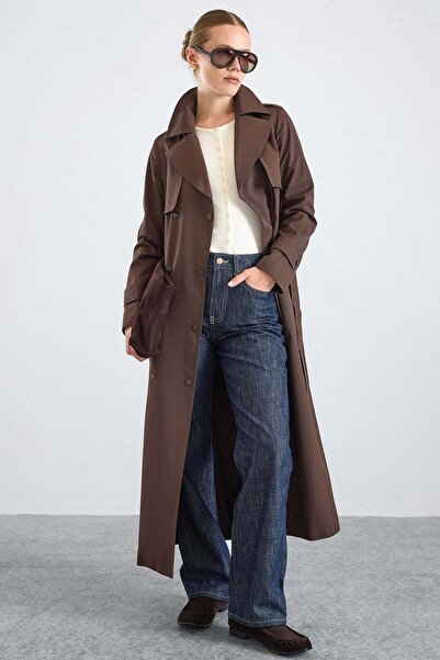 Olcay Cape Detailed Snap Closure Water Repellent Trench Coat Brown 6871