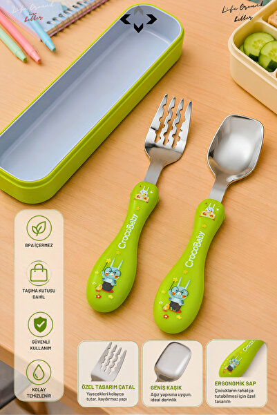 LİGROUND Stainless Steel Boxed Baby and Child Fork Spoon Set 2 Piece Ergonomi...