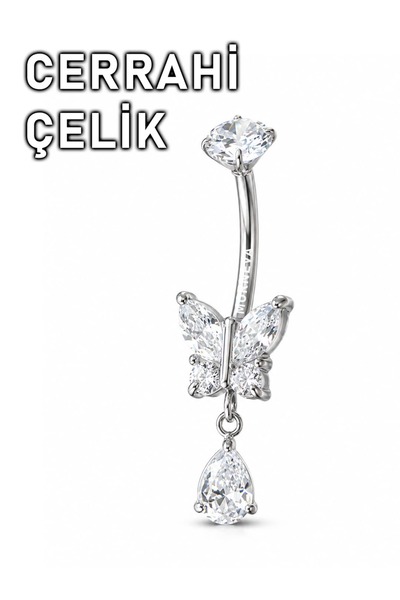 MORNEVA Cerrahi Çelik Tek Taş Sallantılı Kelebek Göbek Belly Piercingi (1 Adet)
