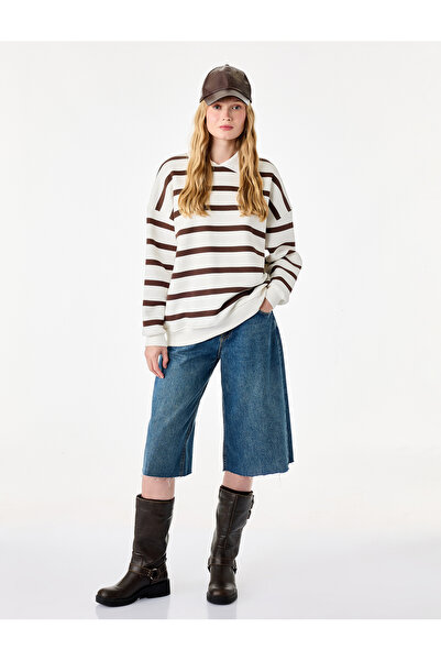 Koton Three-Thread Ribbed Comfortable Fit Long Sleeve Shirt Collar Striped Sw...
