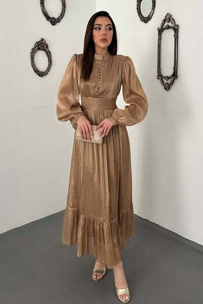Clothes Fast Women's Mink Judge Collar Buttoned Waist Gathered Balloon Sleeve...