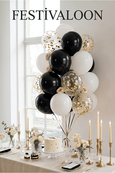 FESTİVALOON 20’li Siyah Beyaz Gold Konfetili Şeffaf Balon Seti 11 İnç Doğum G...
