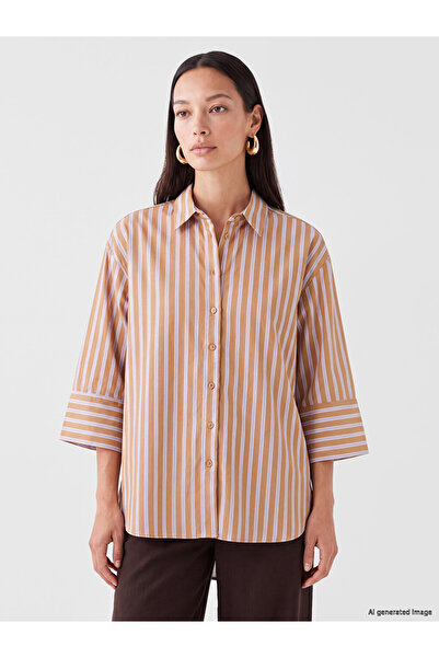 LC Waikiki Brown Striped Oversize Women's Shirt