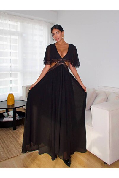 FLOWERİNG Women's Black Maxi Lace Lined Dress