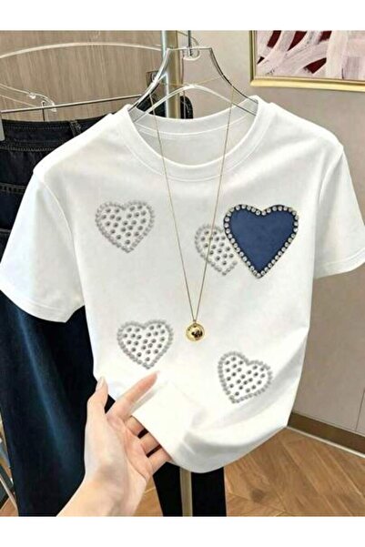 9TAY Ms. Summer Casual Heart-Shaped Pearl Printed Crew Neck Short Sleeve Whit...