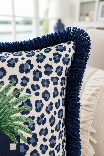 Pilloveland Saçaklı Kırlent Kılıfı 43*43 Cm - Lacivert Palm Royale