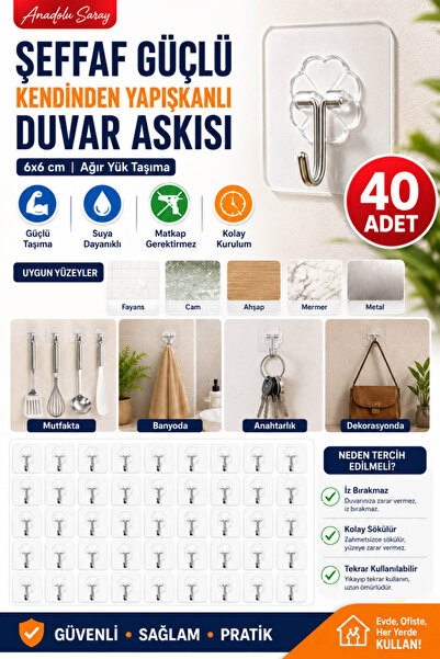 Anadolu Saray 40 Adet 6x6 cm Şeffaf Kendinden Yapışkanlı Güçlü Duvar Askısı D...