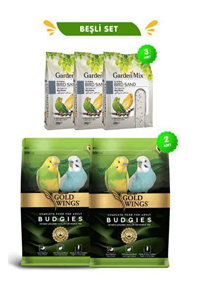 Gold Wings Beşli Set: 2 Adet Premium Muhabbet Yemi 1 Kg + 3 Adet Kuş Kumu Gar...