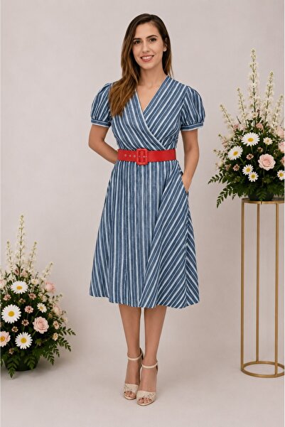 OEM Rochie casual, in nuanta de bleumarin, cu dungi fine albe