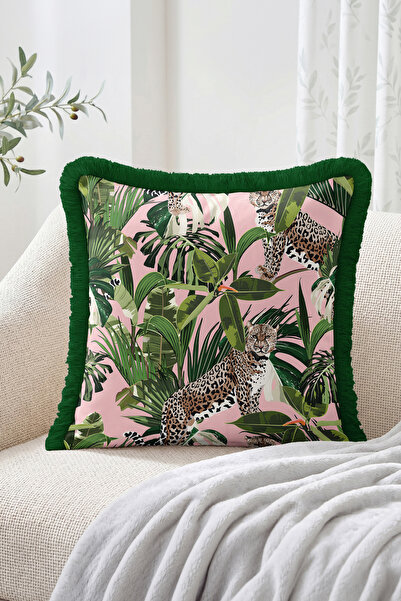 Realhomes Leopard Figured Tropical Leaf Patterned Fringed Throw Pillow Cover ...