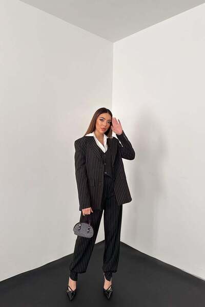 Moda Days Women's Black Three-Piece Set Striped Jacket Vest Trousers with Poc...