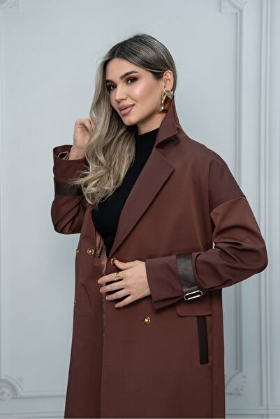 Eccim Fashion Deri Kol Detaylı Broşlu Sade Astarlı Uzun Kadın Trençkot