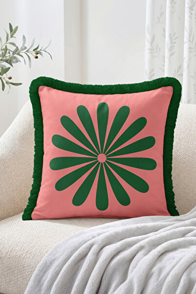 Realhomes Modern Retro Patterned Fringed Throw Pillow Cover with Large Floral...