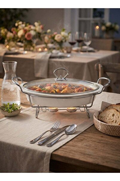 Dove Porcelain Oval Food Warmer With Silver Candle Stand & Glass Lid 3.5 Lite...