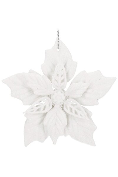 RADIONAT , Set 10 flori de Craciun 12 cm, ornamente cu sclipici, plastic, alb