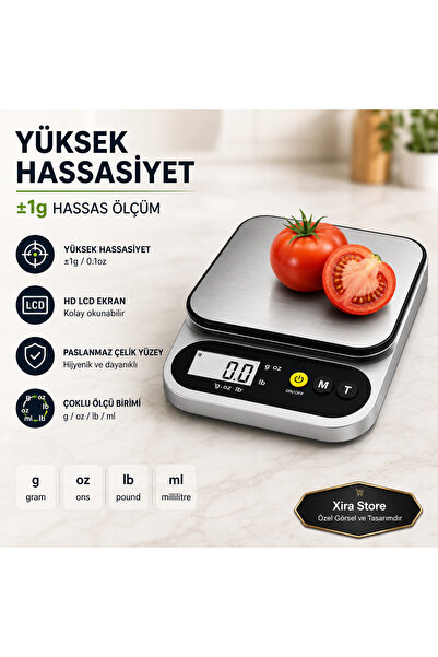 XİRA Dijital Mutfak Terazisi Hassas Elektronik Tartı 10Kg / 1Gr LCD Ekranlı Paslanmaz Çelik Yüzeyli