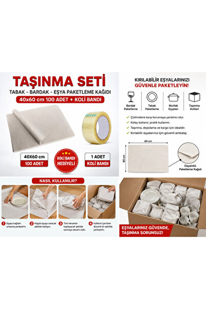 Mçb Group Taşınma Paketleme Kağıdı 40x60 cm 100 Adet + Koli Bandı | Tabak Bardak Eşya Ambalaj Seti