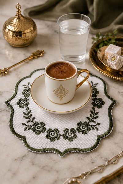 Teksev Nakış İşlemeli 6'lı Yeşil Kahve Yanı Sunum Peçetesi Çeyizlik Kahve Alt...