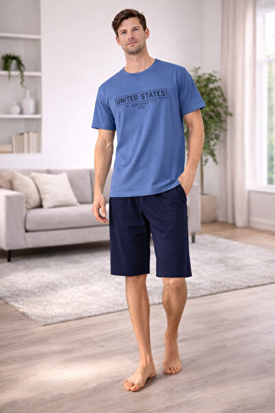 Sude Pijamale bărbătești din bumbac albastru – set cu tricou „Statele Unite” ...