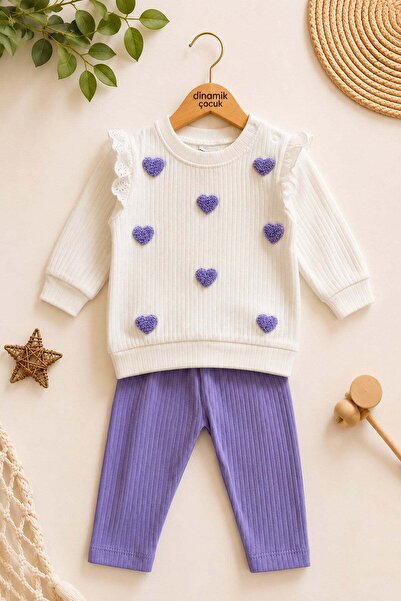 dinamik çocuk Baby Girl Heart Embroidered Ruffled Top and Bottom Set of 2 2-T...