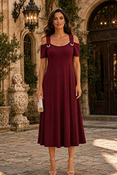 Mossta Off-The-Shoulder Long Viscose Dress with Bird's Eye Detail - Burgundy