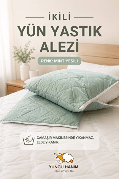 Yüncü Hanım Mint Green Colored Lamb Wool Filled Quilted Pillow Mattress, Natu...