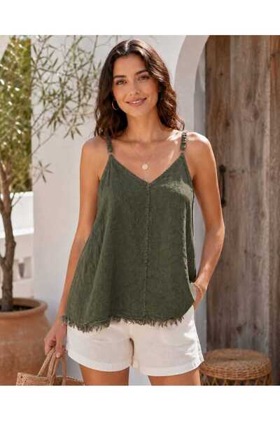 Butik Şans Women's V-Neck Adjustable Strap Tasseled Raw Edge Italian Linen Bl...
