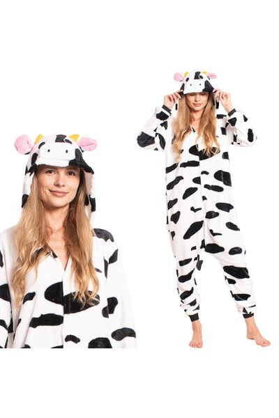 OEM Salopetă de dormit pufoasă model văcuță — Pijama Kigurumi întreagă cu glu...