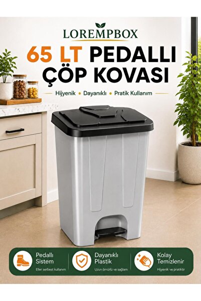 LOREMPBOX 65 LT Pedallı Çöp Kovası Ev, Ofis, Mutfak, Bahçe ve İşyeri Kullanım...