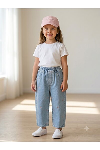 Motebarn Wear Girl's Bowknot Patterned Denim Combination Set - Crew Neck Basi...