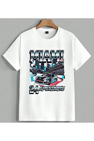 ELFERA Miami Speedway Racing Arsiv Printed Unisex Oversize T-Shirt White