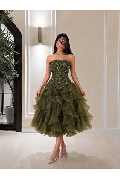 Kurtah Luxury Embroidered Corset Ruffle Skirt Midi Evening Dress