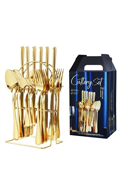 Generic 24 pieces of gold cutlery set with stand including spoon, fork and kn...