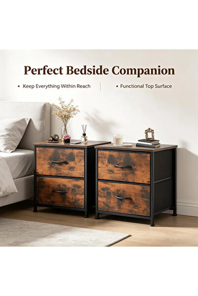 Arabest 2-Pack Farmhouse Nightstand with Fabric Drawers, Black Metal Frame Be...