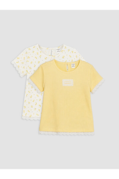 LC Waikiki Trendlucky Girls' T-Shirt with Lace Detail and Contrast, Pack of 2