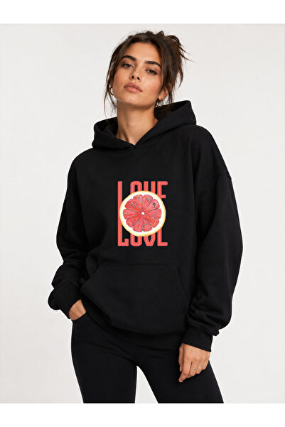 herkesemoda Orange Slice Printed Hooded 2 Thread Threaded Sweatshirt