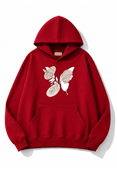 herkesemoda Butterfly Printed Hooded 2 Thread Threaded Sweatshirt