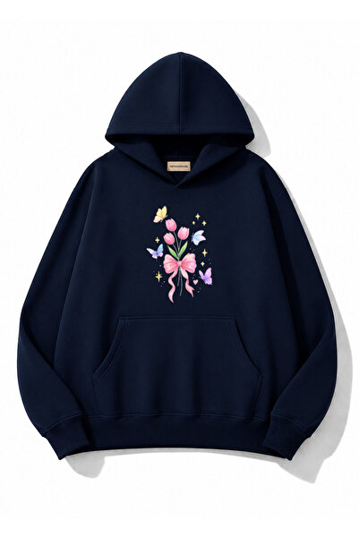 herkesemoda Tulip Flower Printed Hooded 2 Thread Threaded Sweatshirt