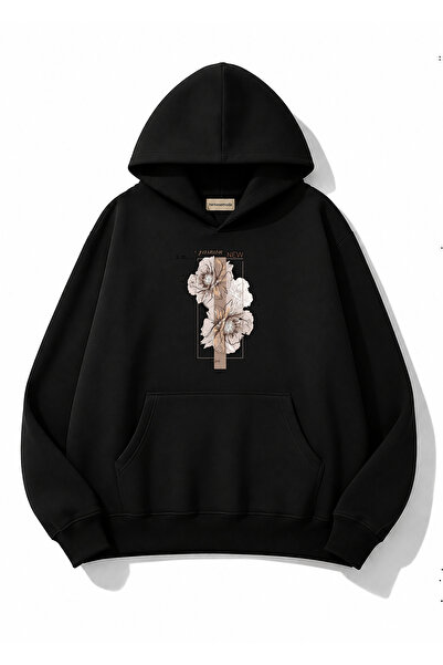 herkesemoda Floral Printed Hooded 2 Thread Threaded Sweatshirt