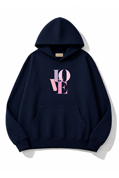 herkesemoda Love Printed Hooded 2 Thread Threaded Sweatshirt