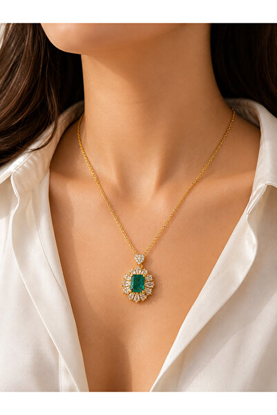 Bymiel Women's Gold Color Green Rectangular Zircon Stone Vintage Necklace – S...