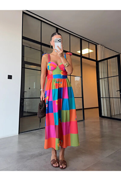 My Blog Colorful Checkered Floral Halter Dress - 8079